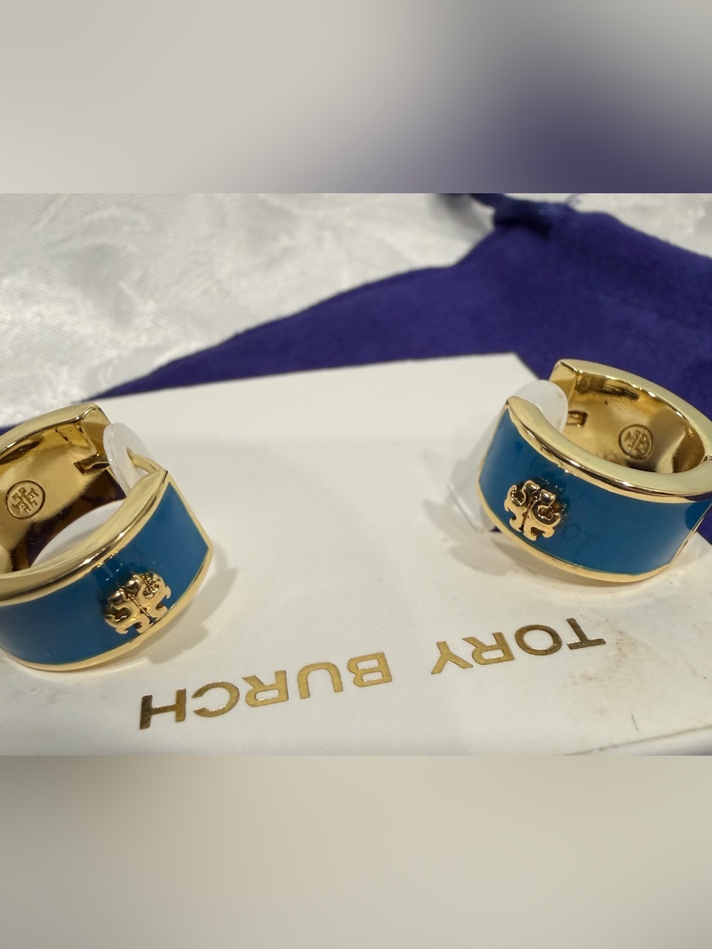 Tory Burch Gold-Tone and Teal Enamel Hoop Huggie Earrings New
